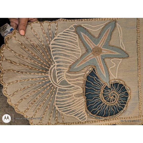 Pier One Table Runner 74” Coastal Embroidered Sea Shell Star Fish Neutral READ - Picture 12 of 12